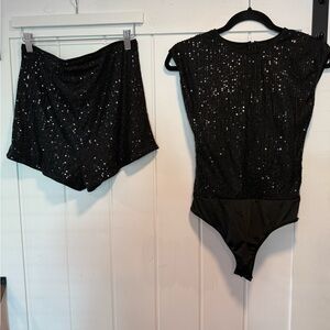 Black Sequin Bodysuit and Shorts Set